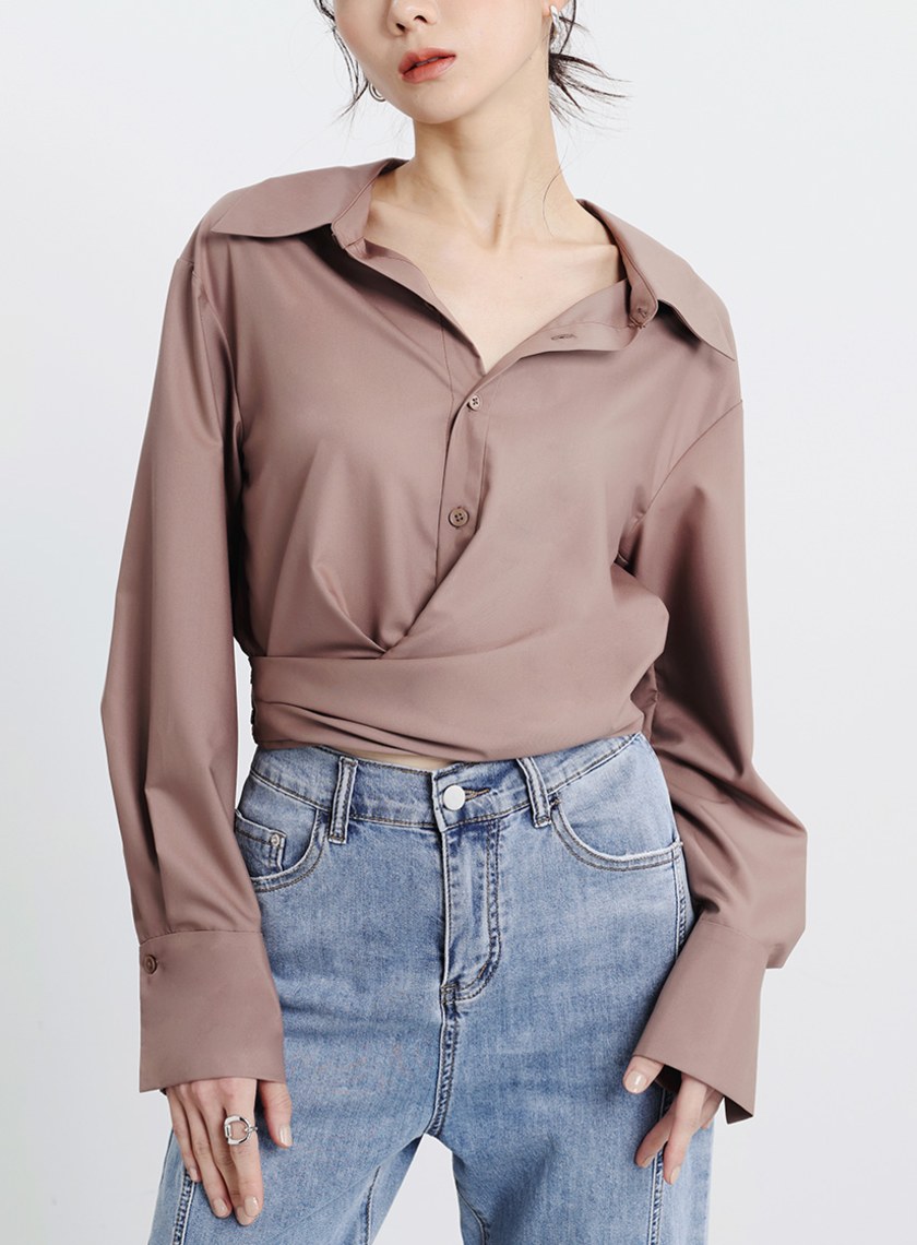 圍裹式造型長袖襯衫